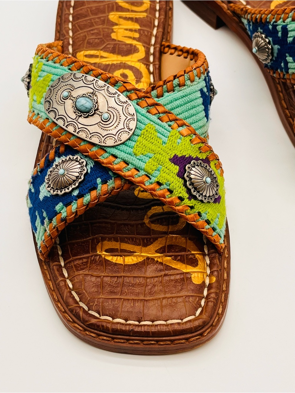 Sam Edelman Brown Embordered Slide Sandals Concho Turquoise Multicolor 6.5 - Picture 3 of 8